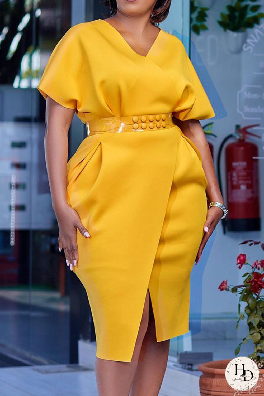 Red Elegant Solid Patchwork Slit V Neck One Step Skirt Dresses