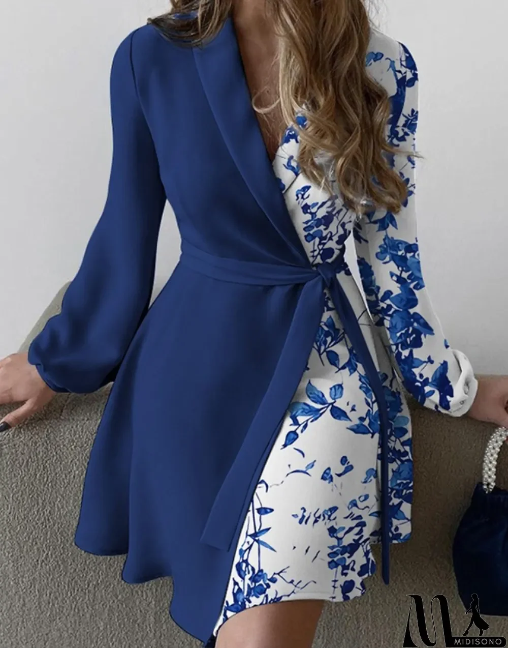MidiSono - Autumn Blue Print V-Neck Wrap Elegant Cocktail Dress