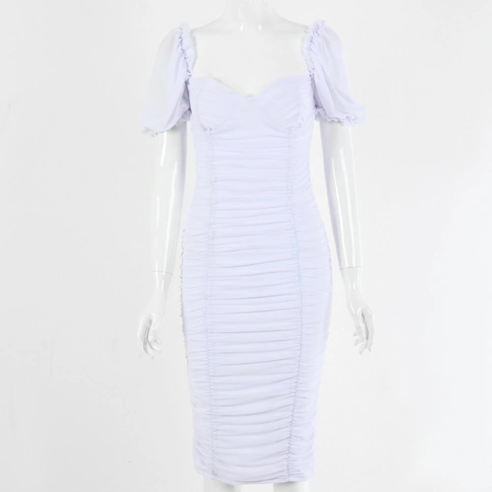 Low cut sexy puff sleeves midi dress-zachics