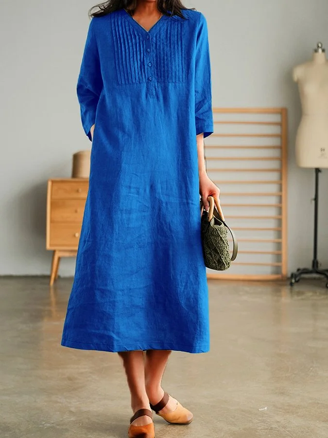 Women's Solid V-neck Cotton Linen Dress socialshop