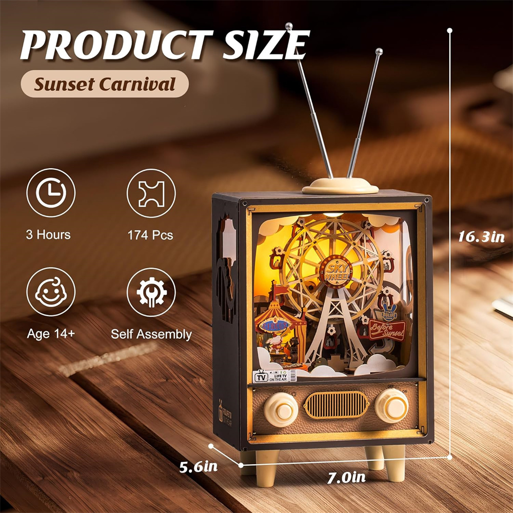 Tegooe 3D Wooden Puzzle Music Box Kit - Sunset Carnival Model with LED Light