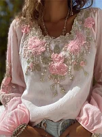 Vintage Classy Pink Flowers Beaded Gradient Linen Tunic