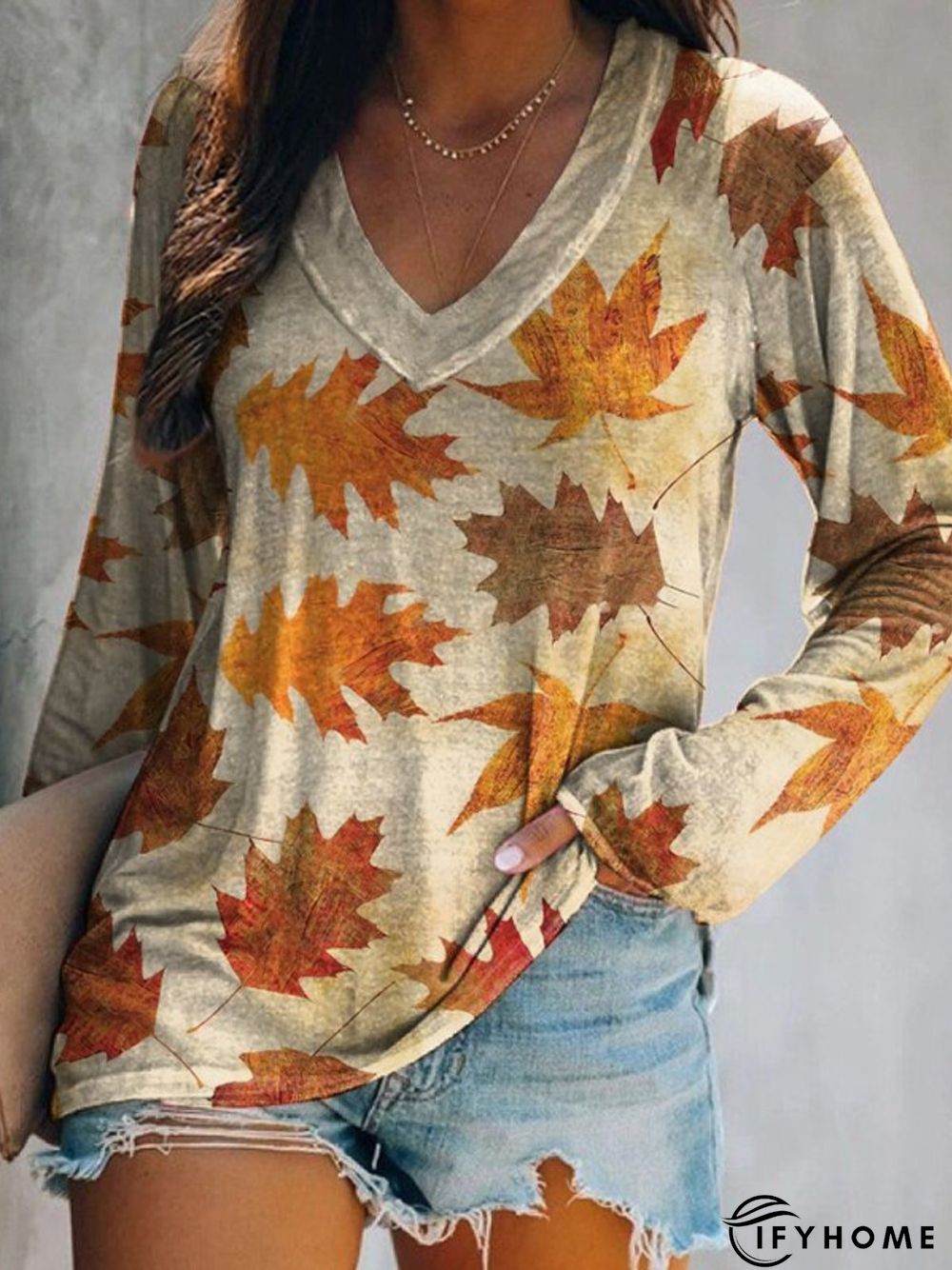 Casual Long Sleeve V Neck Printed Top Tunic T-Shirt | IFYHOME