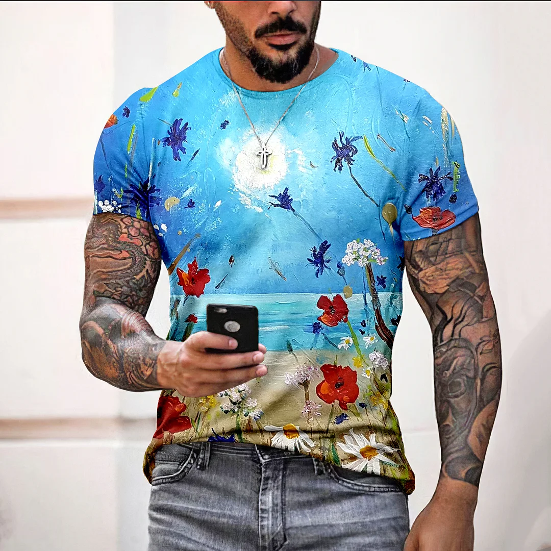 Fashion Moonlight Flowers Print Print Short Sleeve T-Shirt