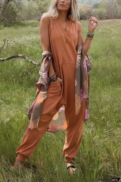 V Neck Solid Sleeveless Pocket Jumpsuit