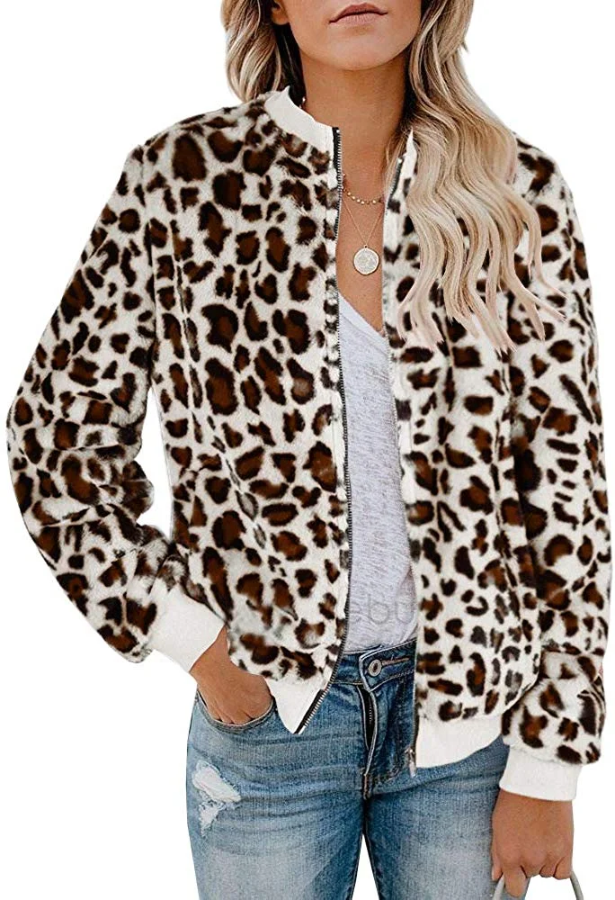 Women Fleece Jacket Winter Bomber Long Sleeve Faux Sherpa Fuzzy Casual Zip Up Coat Pocket