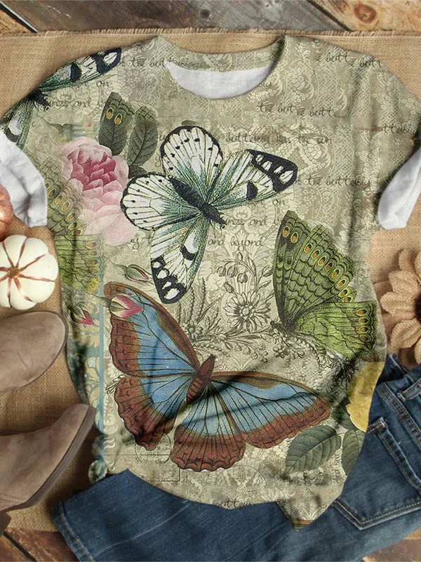 Loose Retro Butterfly Printed Short Sleeve Top