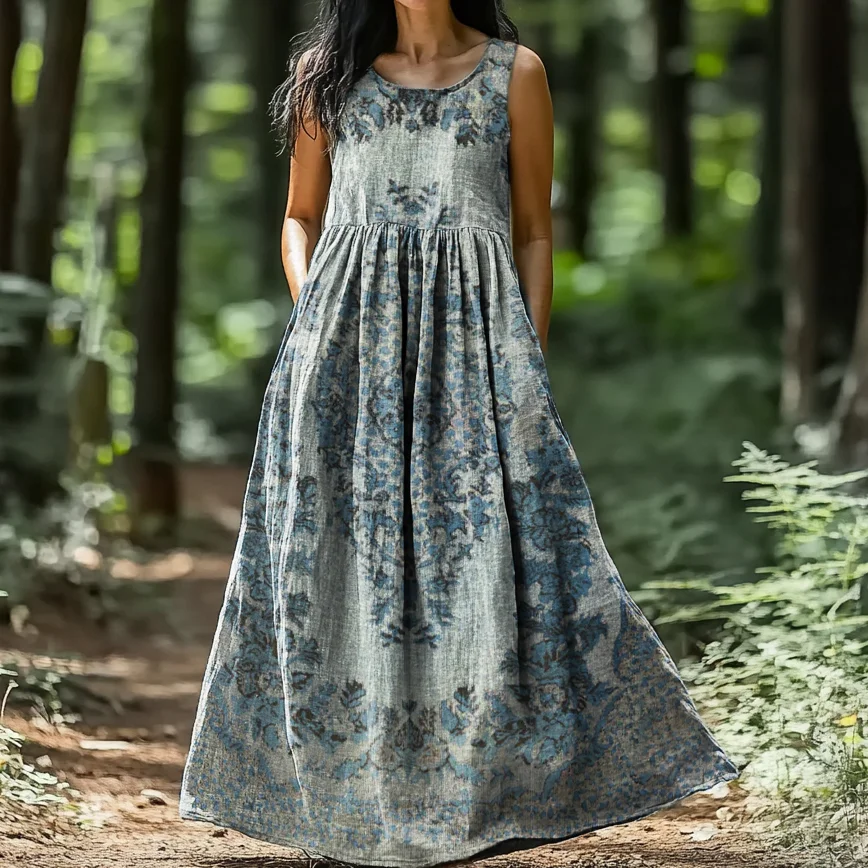 Women's Retro Ethnic Totem Art Print Crew Neck Sleeveless Cotton Pocket Dress