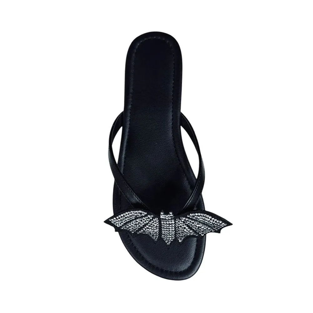 Bling Bat Black Open Toe Flat Rhinestone Bat Flip Flop Women's Sandals