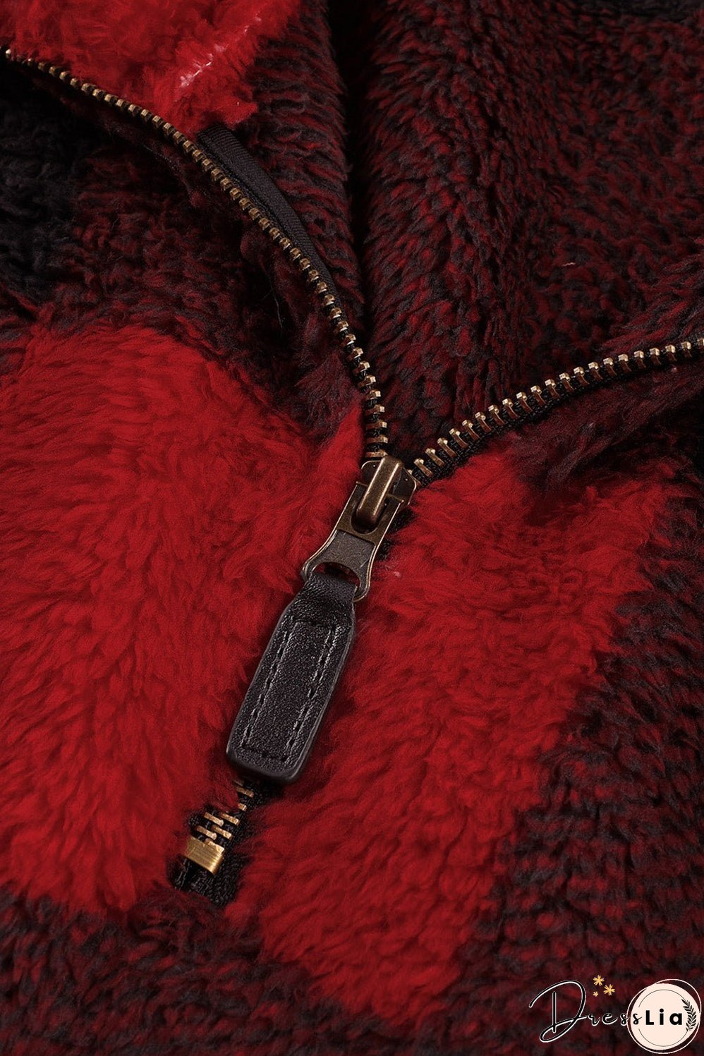 Women's Winter Red Plaid Zip Collar Plush Pullover Sweatshirt