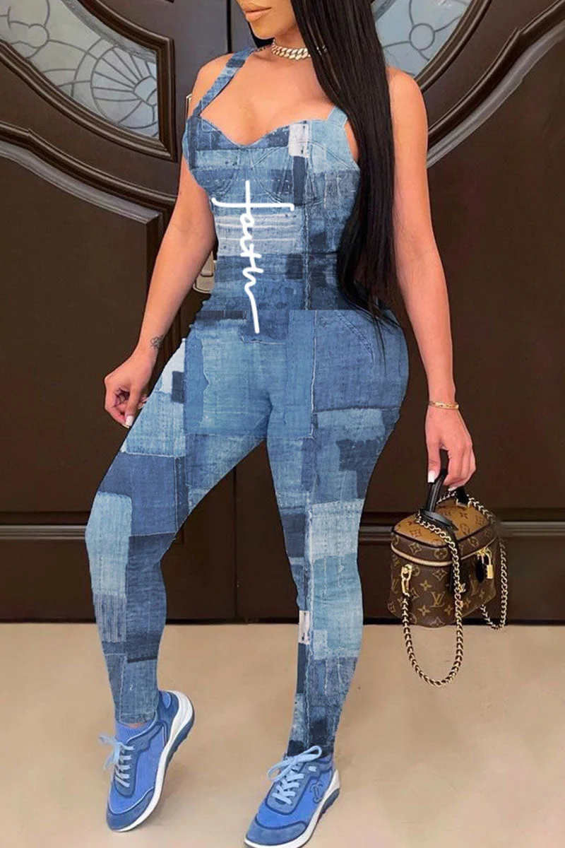 Sexy Print Split Joint Spaghetti Strap Regular Jumpsuits
