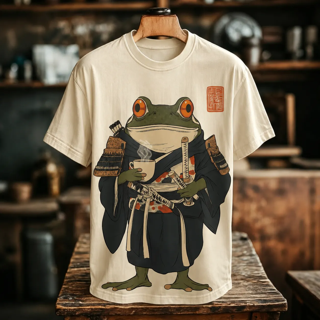 Men's Retro Japanese Samurai Frog Print Crew Neck T-shirt  artssus
