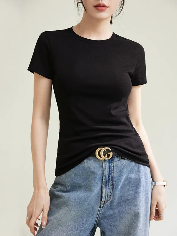 Solid Color Skinny Short Sleeves Round-Neck T-Shirts Tops