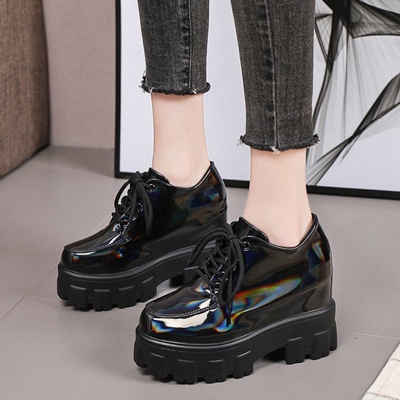 Height Increasing Petent Leather Ankle Boots For Women Spring Autumn Chunky Platform Booties Woman Thick Sole Black Shoes