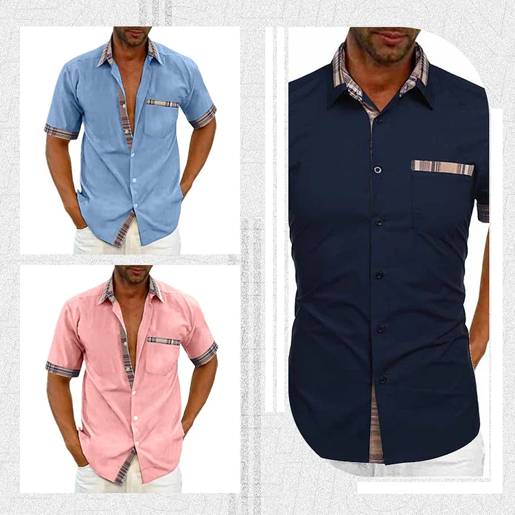 Chemise d'été décontractée à col en plaid et à boutons pour hommes