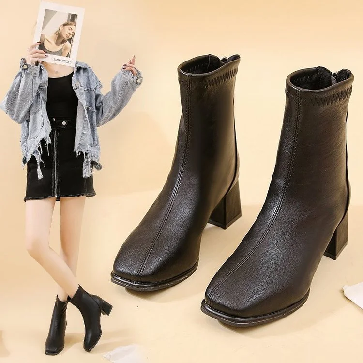 Luxury Brand Women Beige 7Cm Block High Heels Ankle Boots 2022 Winter Female Square Toe Chelsea Boots High Quality Short Boots