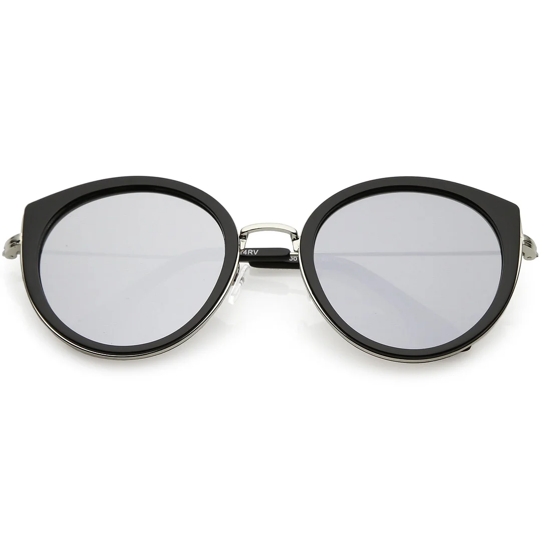 Modern Cat Eye glasses Metal Trim Round Colored Mirror Flat Lens 53mm