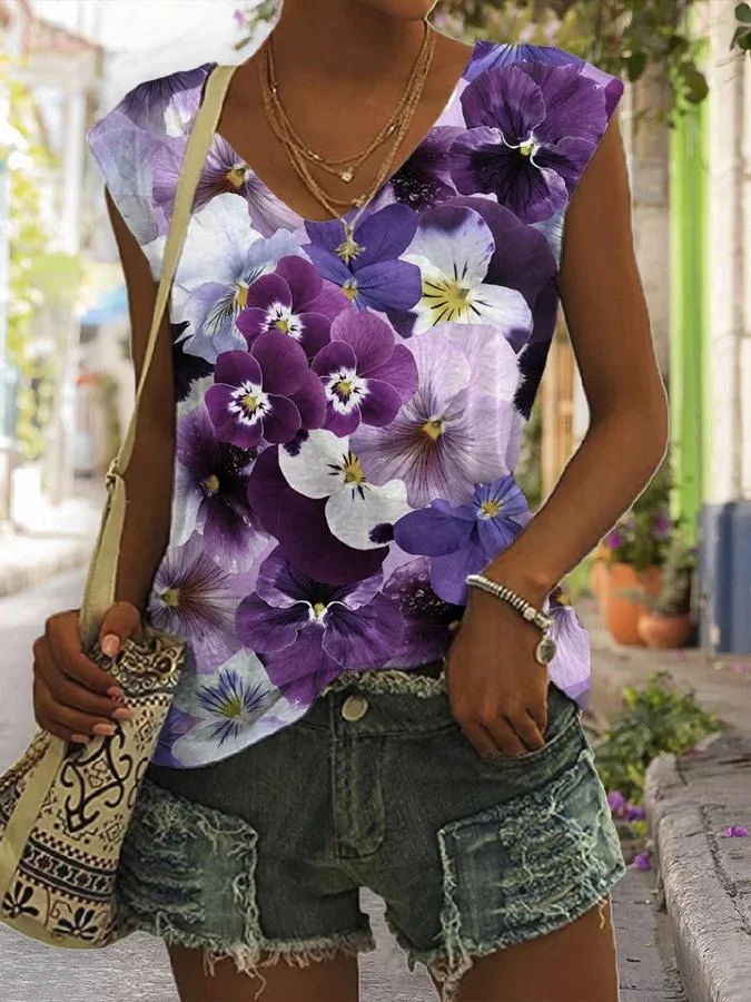 Alzheimer's Awareness Iris Floral Printed Women's V-Neck Casual Tank socialshop