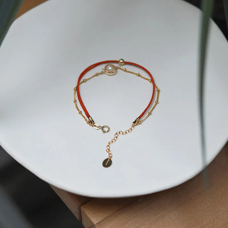 14K Gold Plated Pearl Bead Double Layer Luck Red String Bracelet