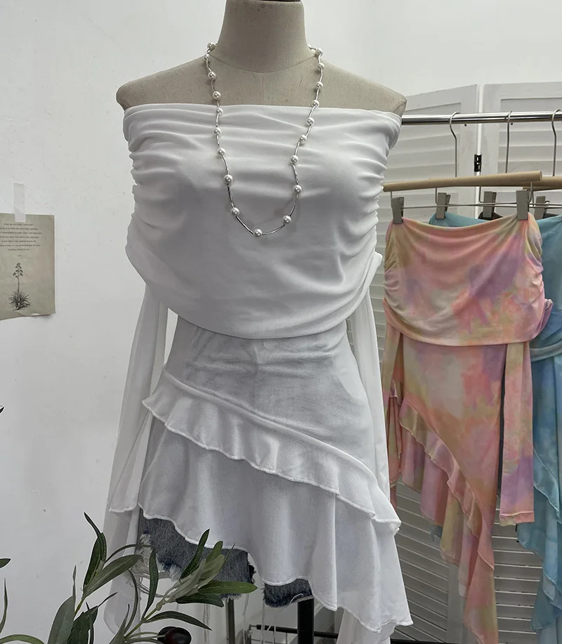 Nigikala Nigikala And Spicy Shoulder Dyed Printing Mesh Long-Sleeved Coat Folds Irregular Ribbon T-Shirt 9997