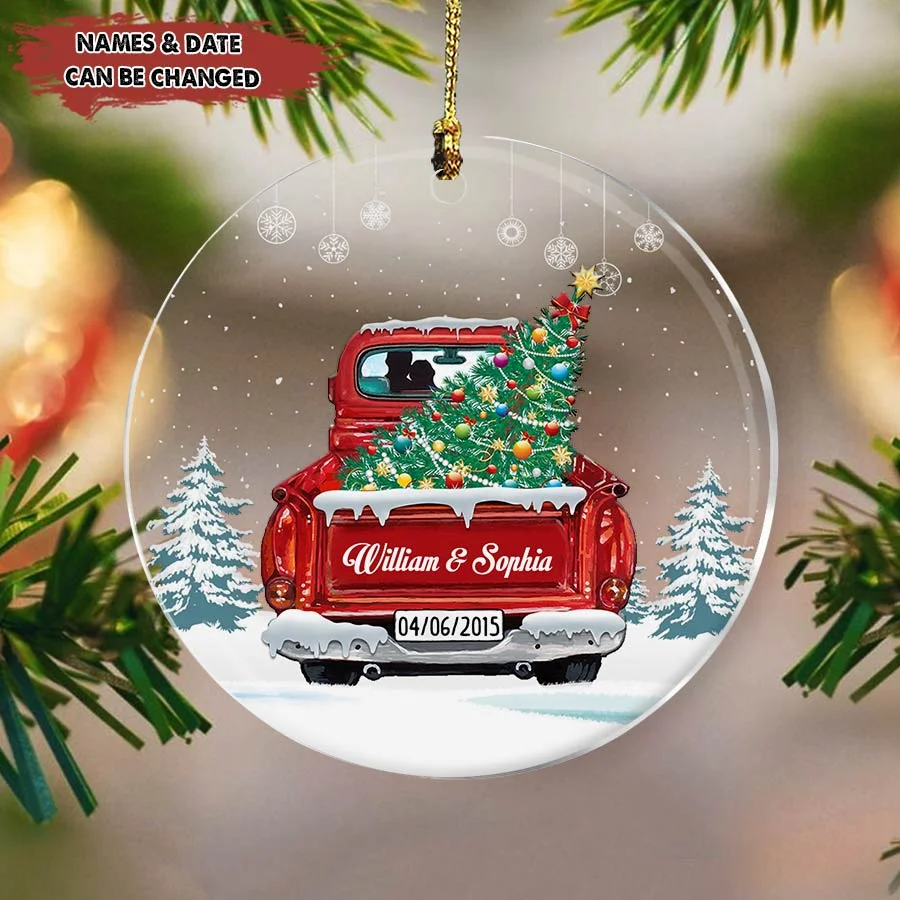 Personalized Red Truck With Christmas Tree Couple In Snow Ornament