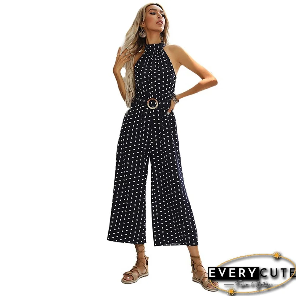 Navy Blue Polka Dot Halter Wide Leg Jumpsuit