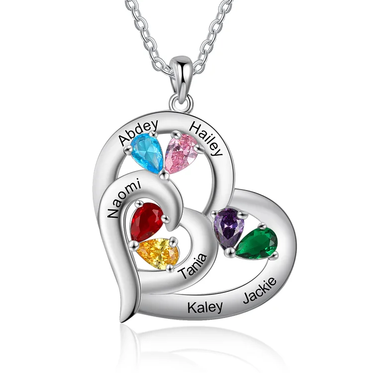 Personalized Heart Necklace Custom 6 Names Birthstones Necklace for Family
