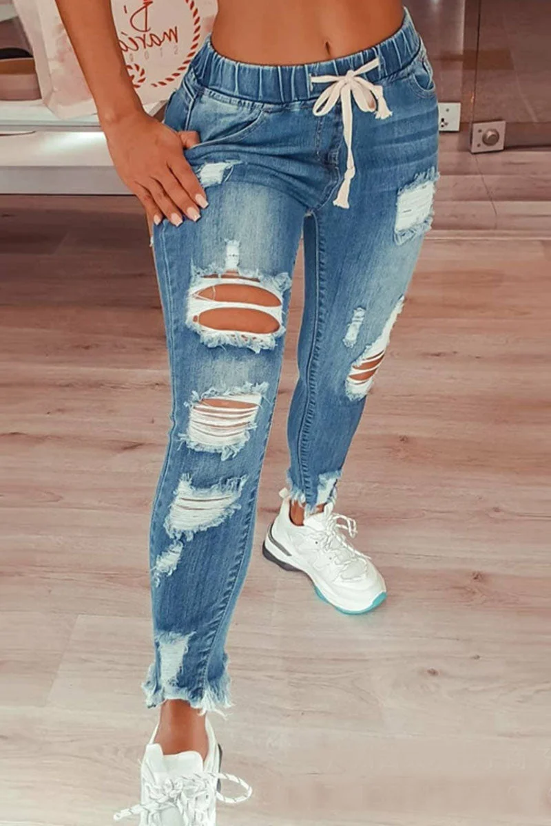 Fashion Casual Solid Ripped Split Joint Mid Waist Regular Jeans