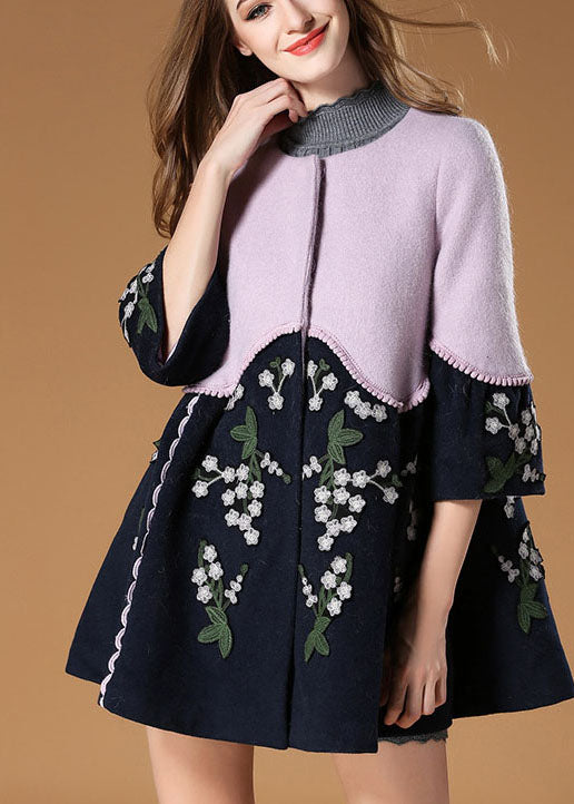 VCSHOES Purple Patchwork Embroideried Floral Fall Woolen Coat
