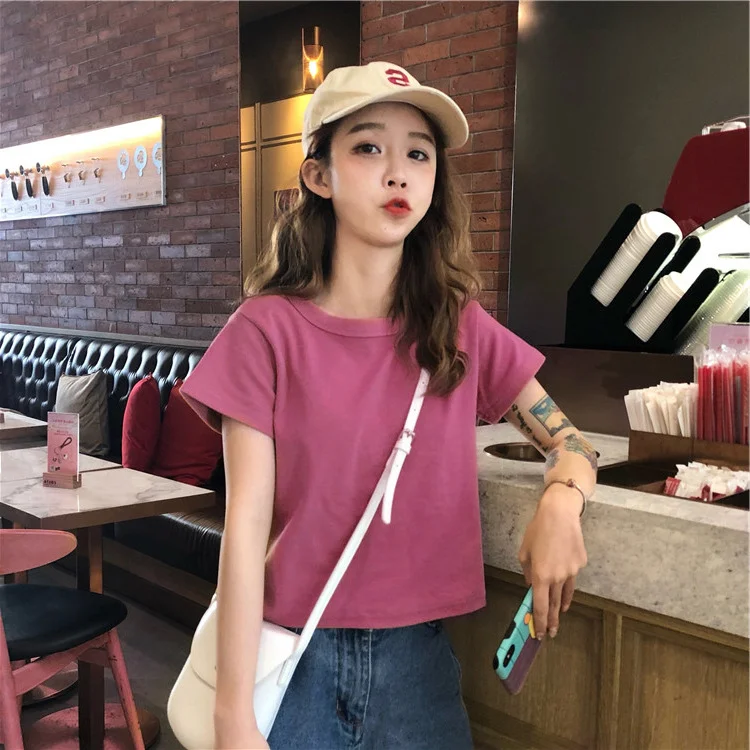 Uveng Uveng Cotton 2024 Summer Wear New Pure Cotton Short Style Show Thin Crop Short-Sleeve T-Shirt Women's Slim And Versatile Pure Color Jacket Tide