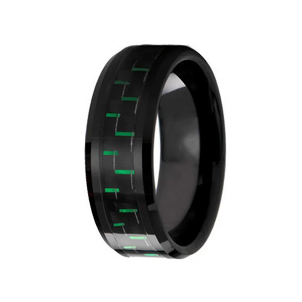 6MM 8MM Black Tungsten Carbide Rings Green Carbon Fiber Inlay Polished Beveled Edge For Men