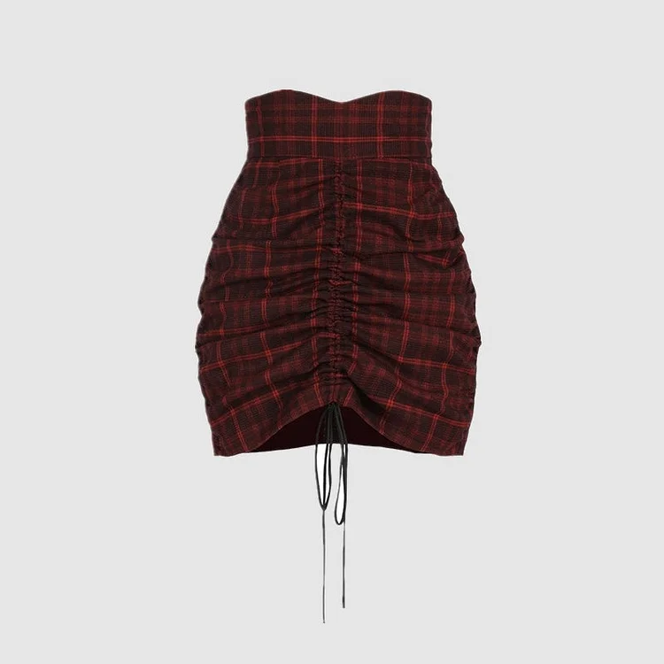 Red Plaid Bag Hip Drawstring Skirt