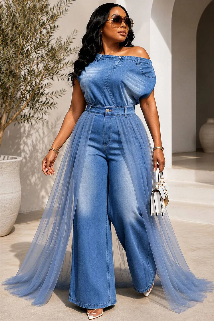Xpluswear Design Plus Size Daily Tulle Blue Oblique Collar Short Sleeve With&nbsp;Skirt&nbsp;Overlay&nbsp;Pocket Denim Two Piece Pant Sets [Pre-Order] 2024 - Xpluswear