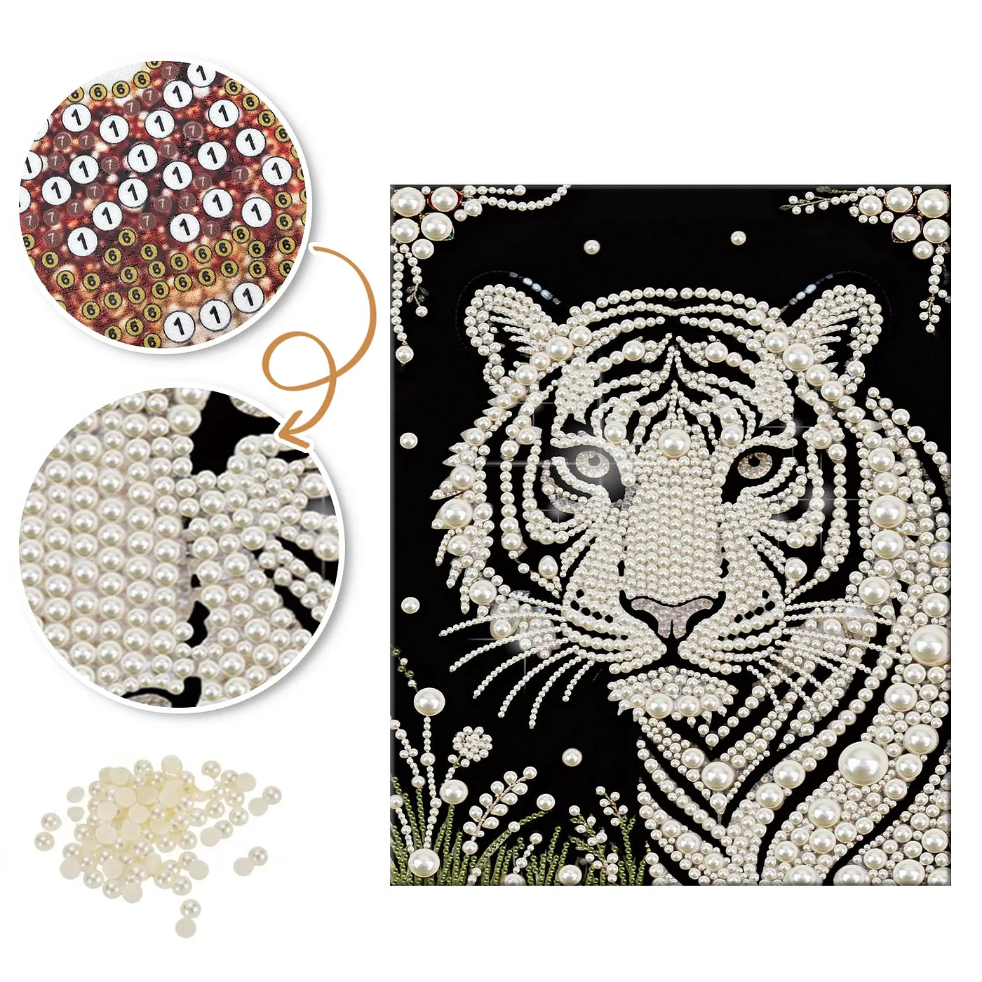 White Tiger Portrait on Black - Pearls Painting