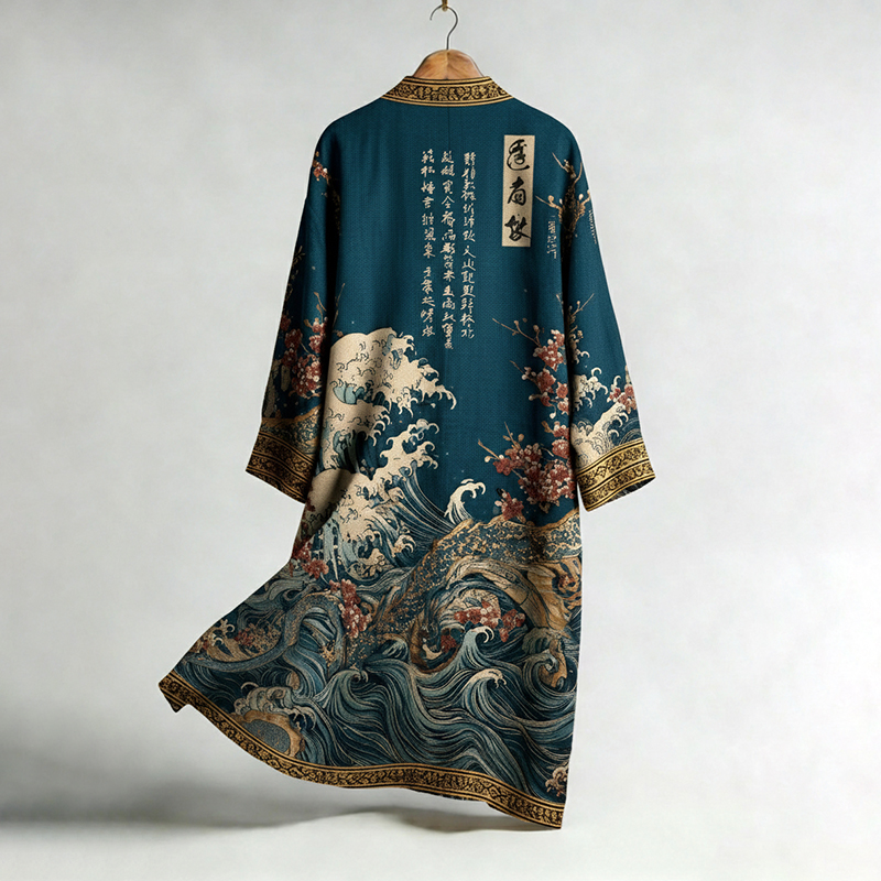 Retro Japanese Wave-patterned Linen Blend Kimono Cardigan  artssus