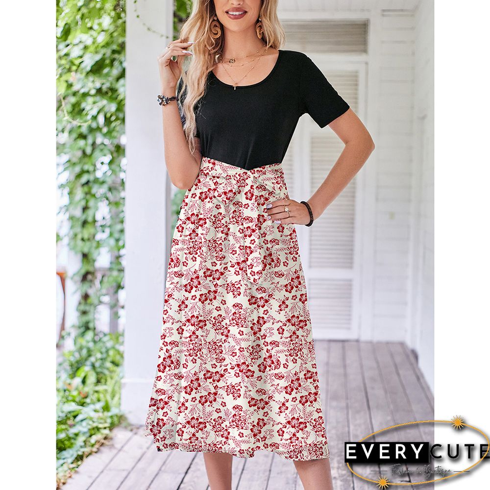 Pink White Floral Print Spliced Short Sleeve Dress