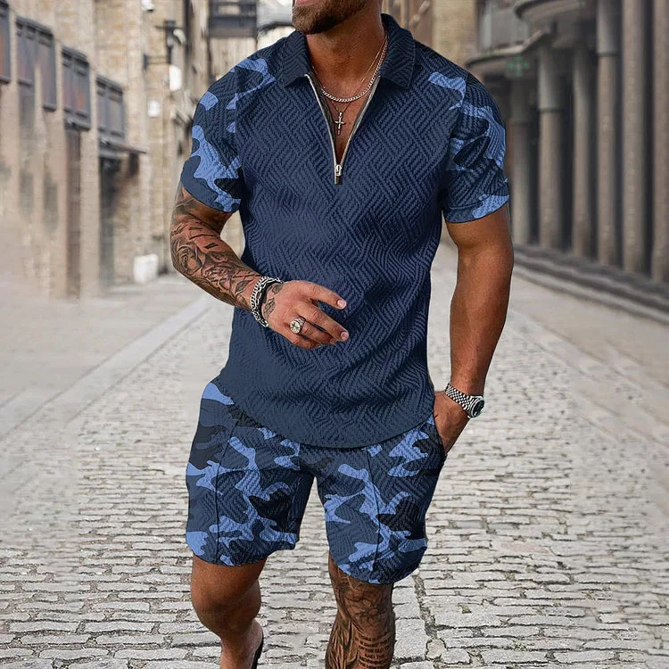 Men's Camouflage Sleeve Polo Shirt And Shorts Co-Ord