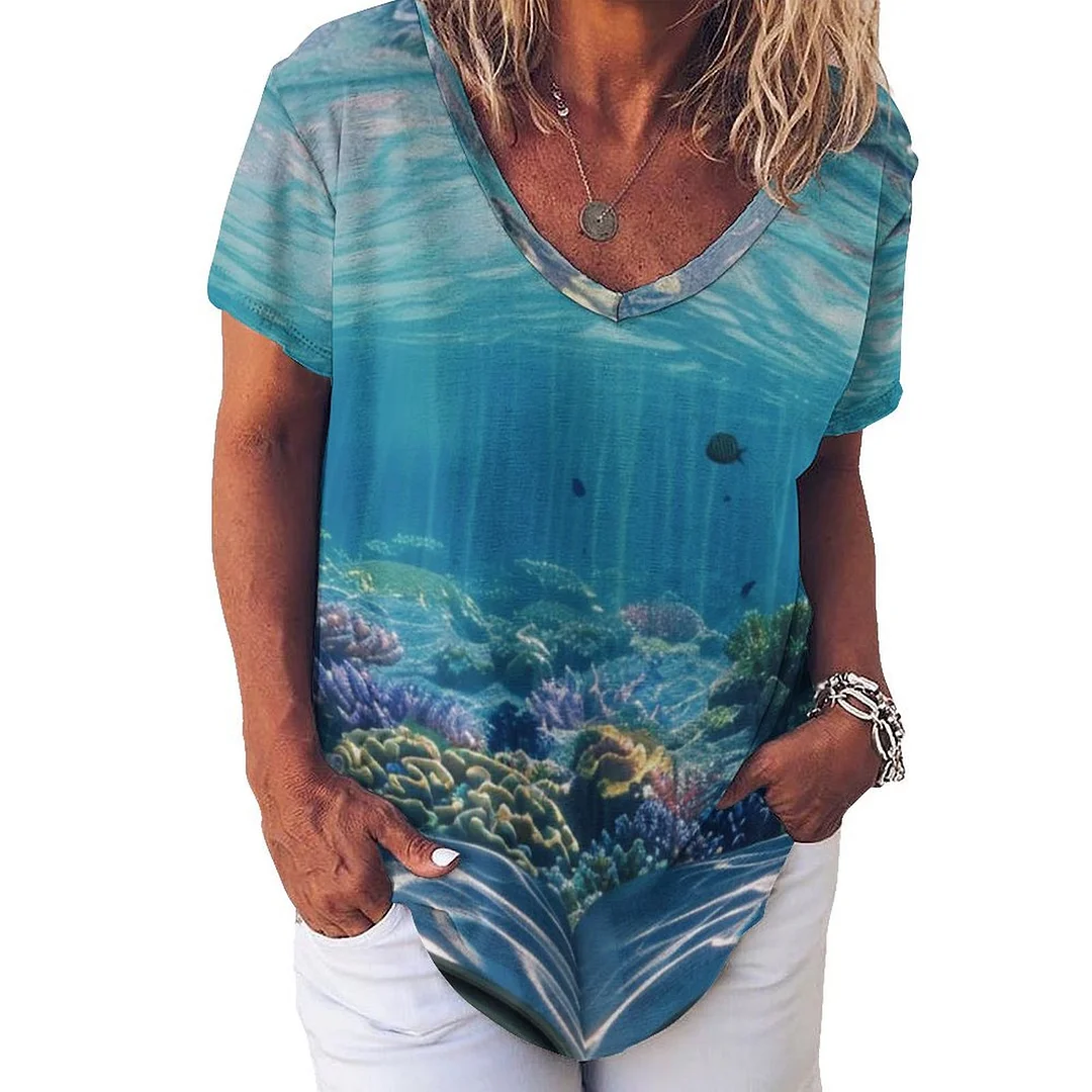 V-neck Short Sleeve Casual T-shirt for  Women Printed with Pattern Ocean, Blue, Sea, Fish