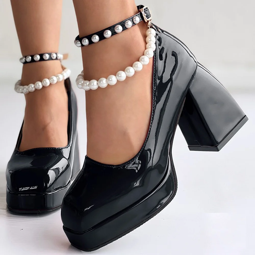 Full Color Patent Leather Platform Mary Janes Pearl Ankle Strap Chunky Heels Nicepairs