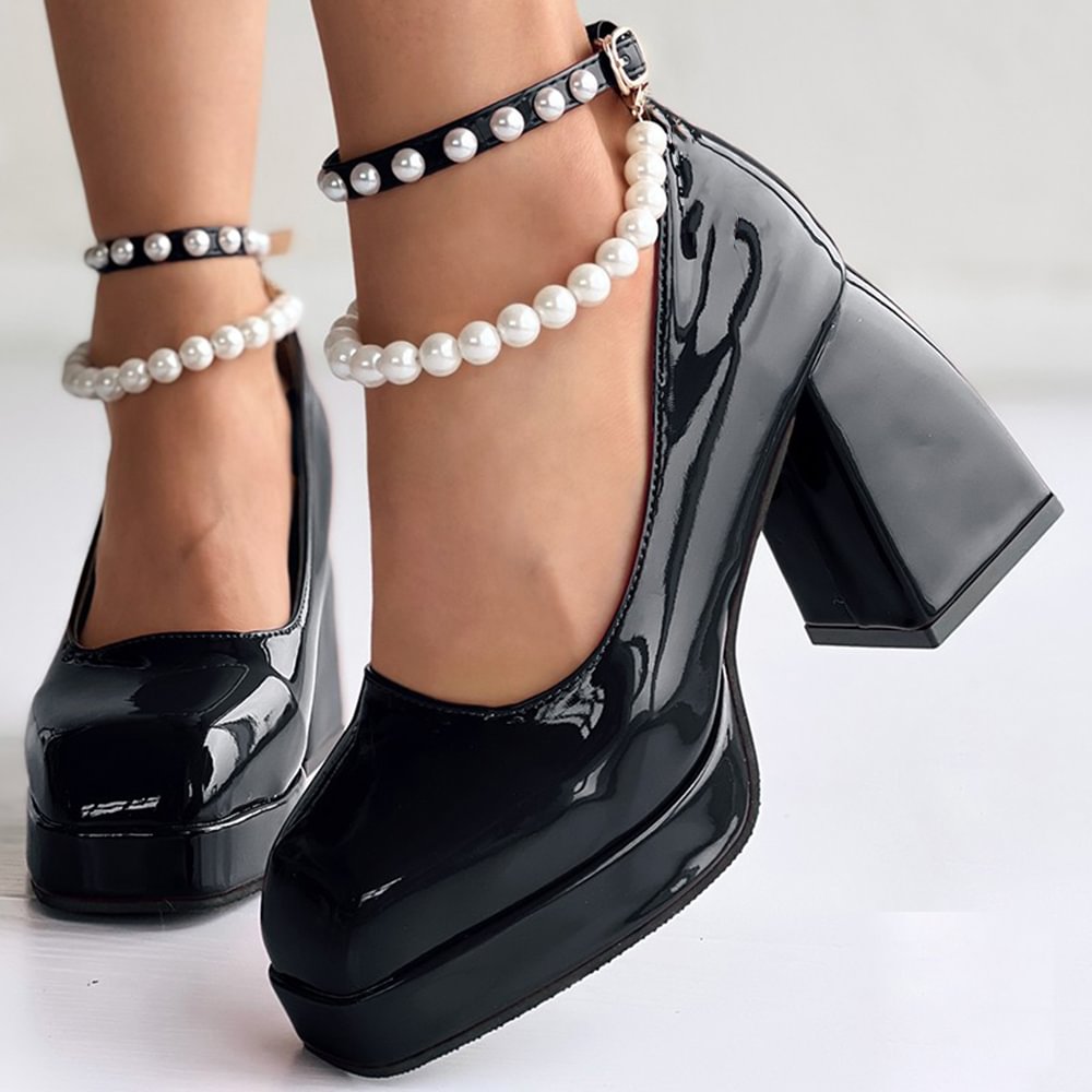 Full Color Patent Leather Platform Mary Janes Pearl Ankle Strap Chunky Heels  Nicepairs