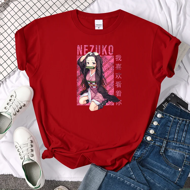 T Shirts Womens Anime Demon Slayer Kamado Nezuko Print Tops Women Casual O-Neck Tshirts Lady Oversize Harajukua Street Clothing