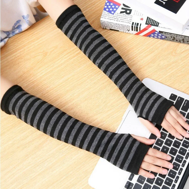 Arm Warmers Women Cashmere Striped Solid Warm Winter Long Finger-less Thicker Womens Sleeve All-match Leisure Trendy Chic Kawaii