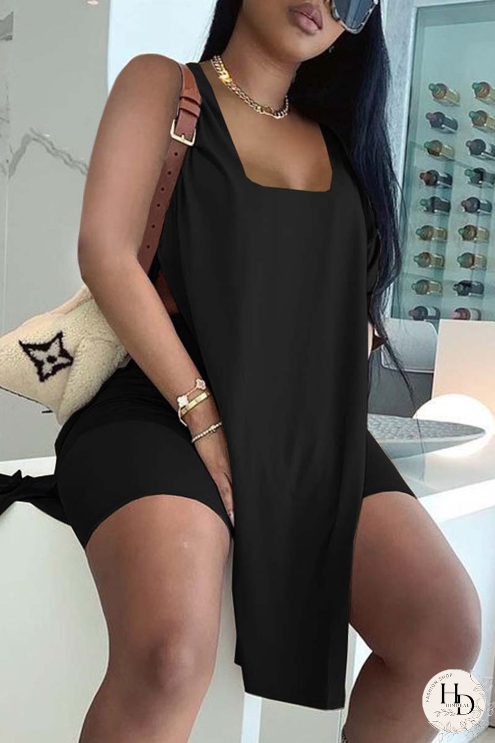 Rose Red Fashion Casual Solid Slit U Neck Sleeveless Two Pieces