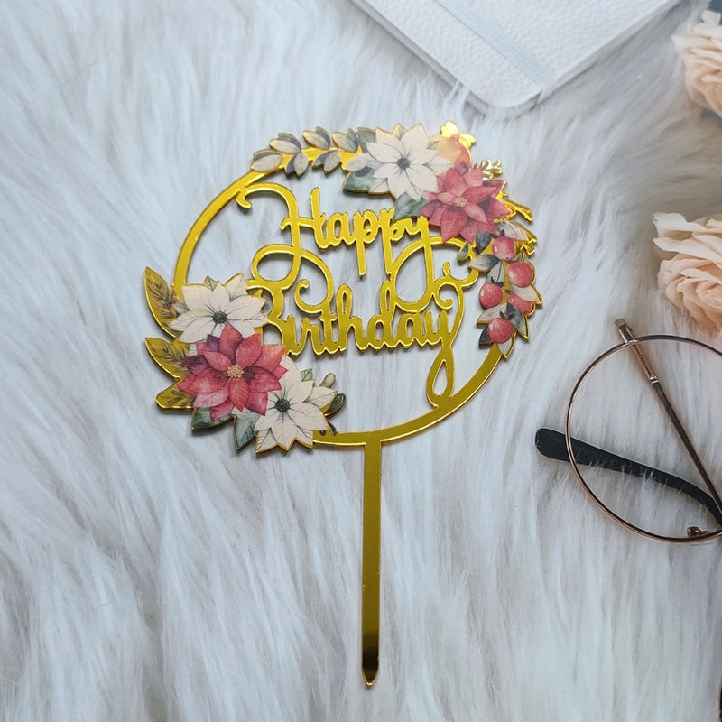 Acrylic Cake Topper Ins Style Floral Uv Color Printing Happy Birthday Dessert Decoration Plugin