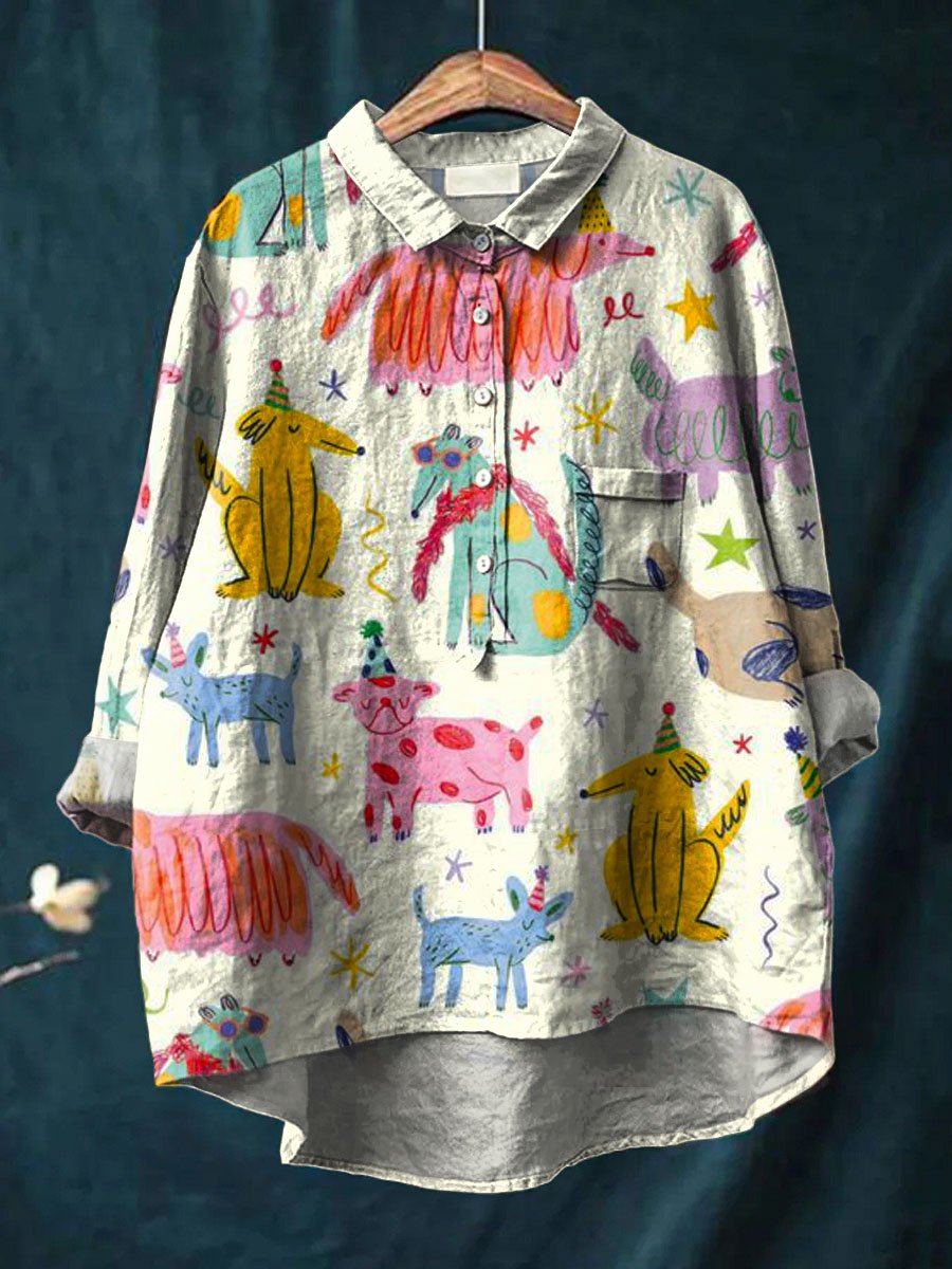 Vintage Lovely Dogs Art Print Casual Cotton And Linen Shirt