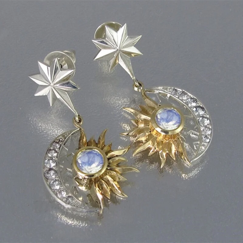 Fashion Irregular Silver Color Sun Moon Earrings Vintage Boho Inlaid Zircon Ladies Personality Dangle Earring Wedding Jewelry