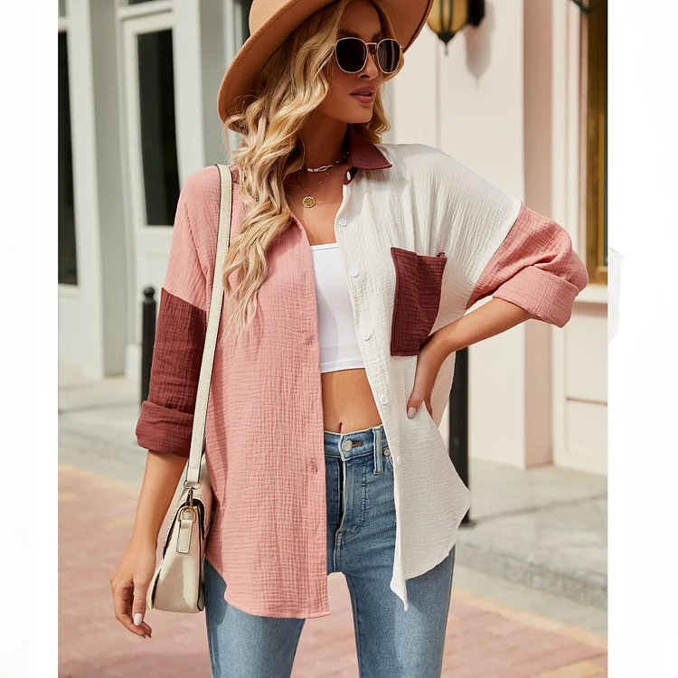 Women's Blouses Color Patchwork Casual V-Neck Long Sleeve Button Blouse