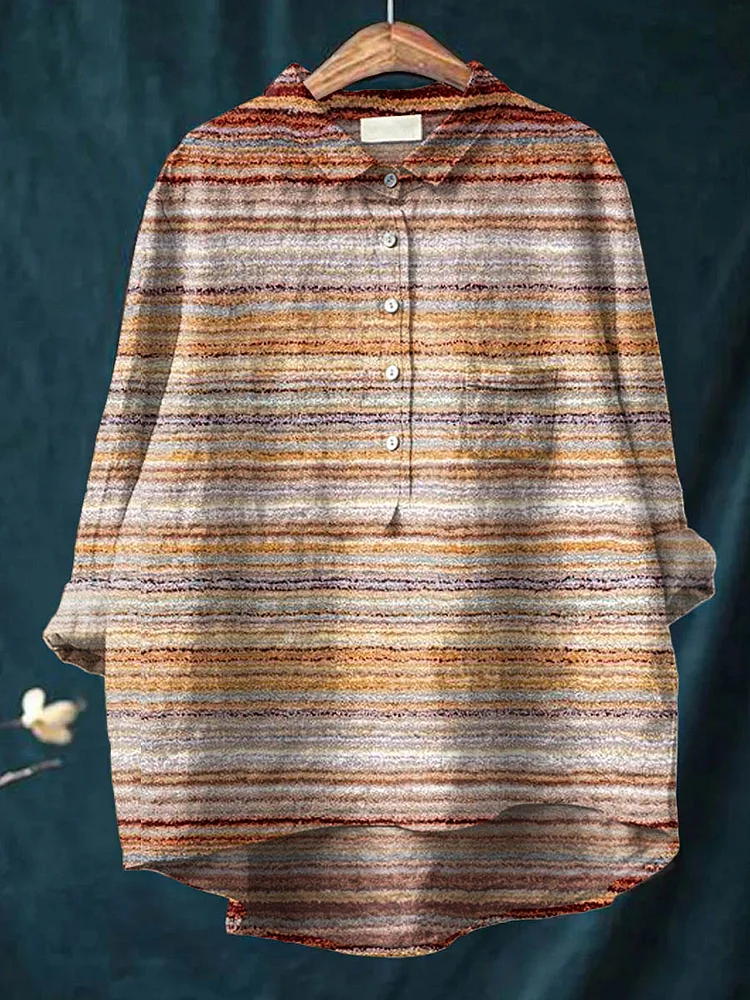 Women s  Artistic Stripes Casual Cotton And Linen Shirt