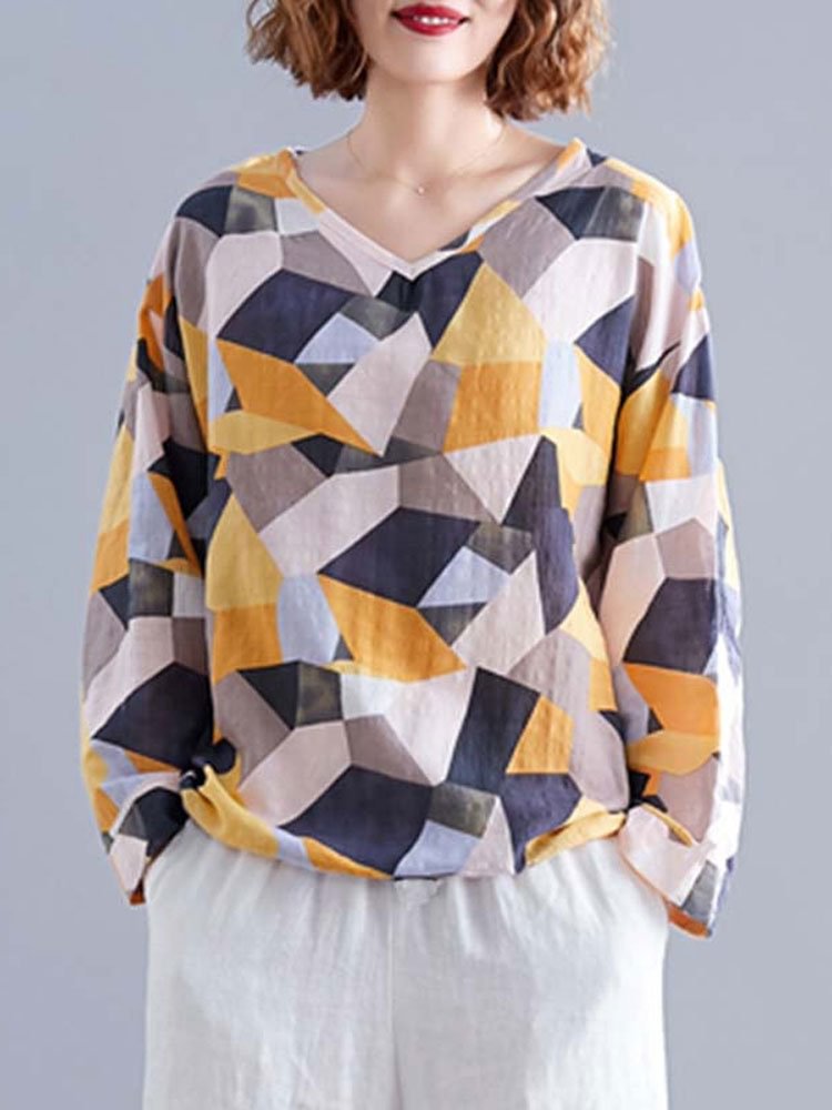 Geometric Patchwork Casual O neck Shirt For Women P1567901