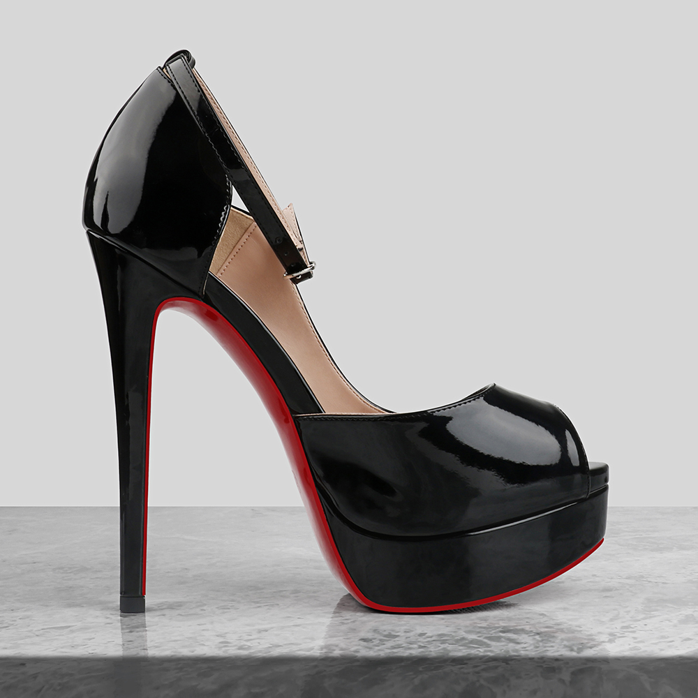 150mm/5.9 inch Ankle Strap Platform Shoes High Heels Peep Toe Patent Pumps